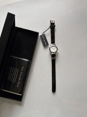 Guy Laroche Black Leather Strap Silver-Tone Dial Watch